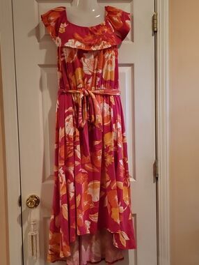 C. Wonder By Christian Soriano Pink Orange Tropical Flounce Midi Dress Size L